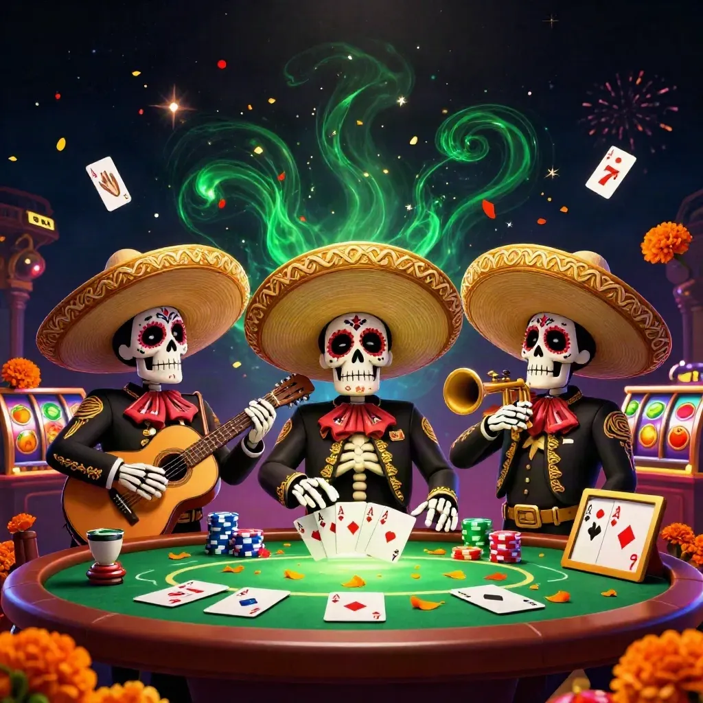 Three skeleton mariachi musicians amid poker chips, cards, reels, and golden casino sparks.