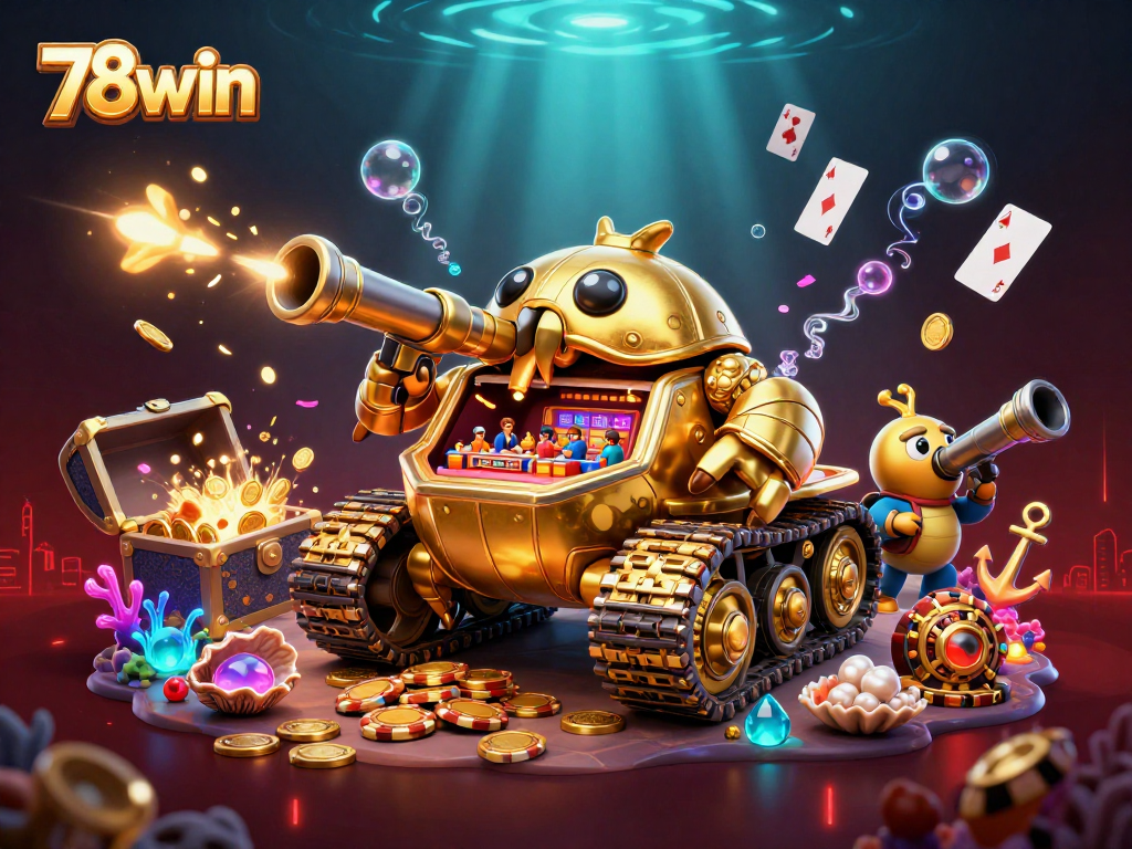 Experience exciting gameplay with 78win's vibrant casino scene featuring a golden beetle tank and mini patrons.