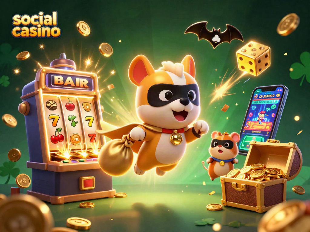 Engaging social casino scene with a superhero dog and hamster alongside vibrant slot machines and gaming elements.