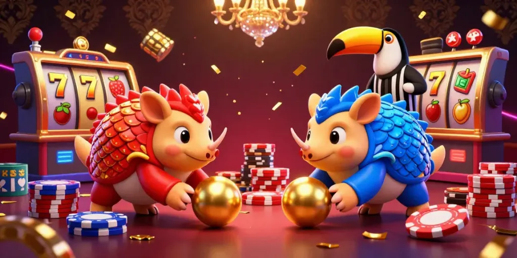 Engaging action scene in a high roller casino USA with pangolins bowling poker chips.