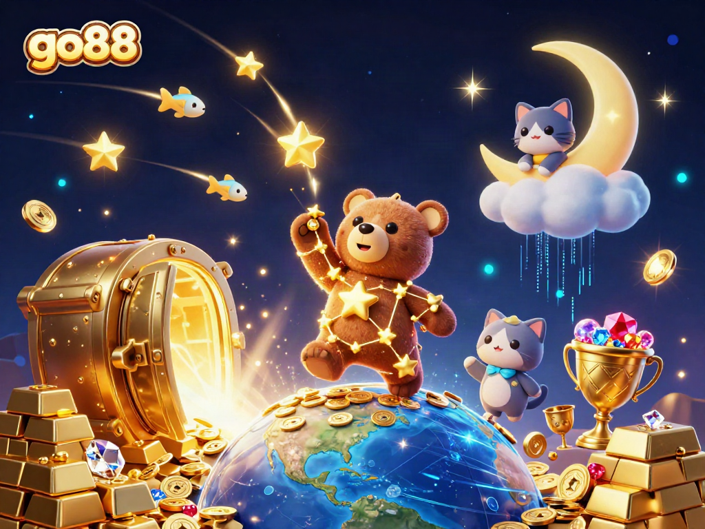 Play go88 and scoop coins with a constellation bear in a vibrant casino scene.