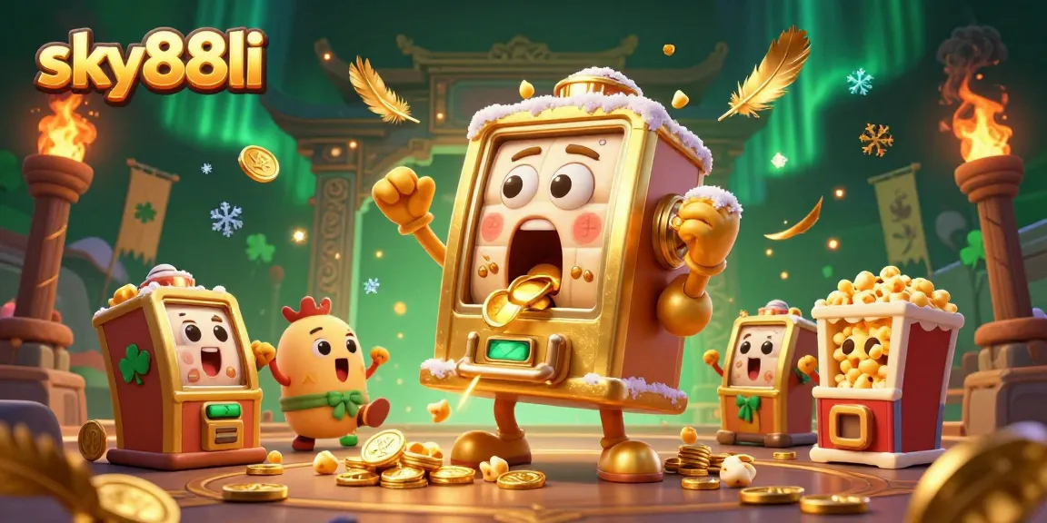 Experience the excitement of sky88li with a vibrant 3D scene showcasing a golden slot machine celebrating its jackpot.