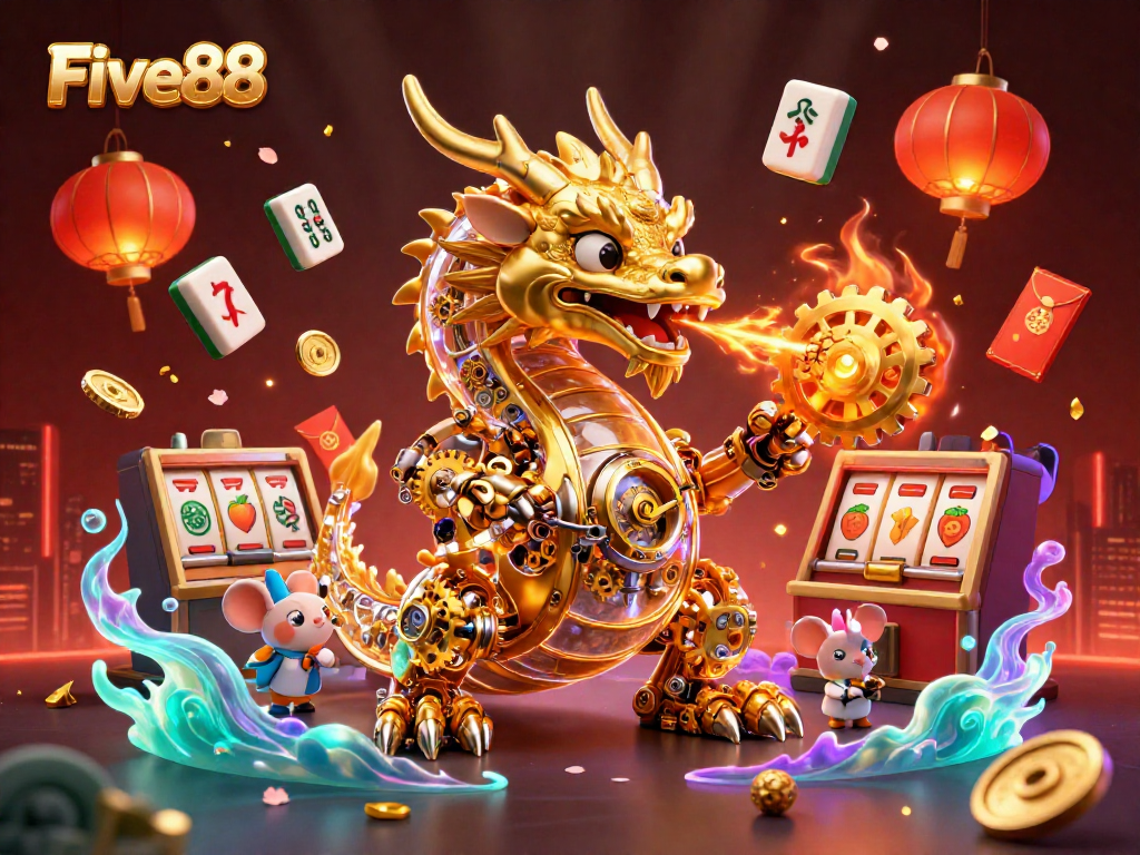 Experience thrilling gameplay with Five88 as a golden dragon unleashes golden gears amidst dynamic casino elements.