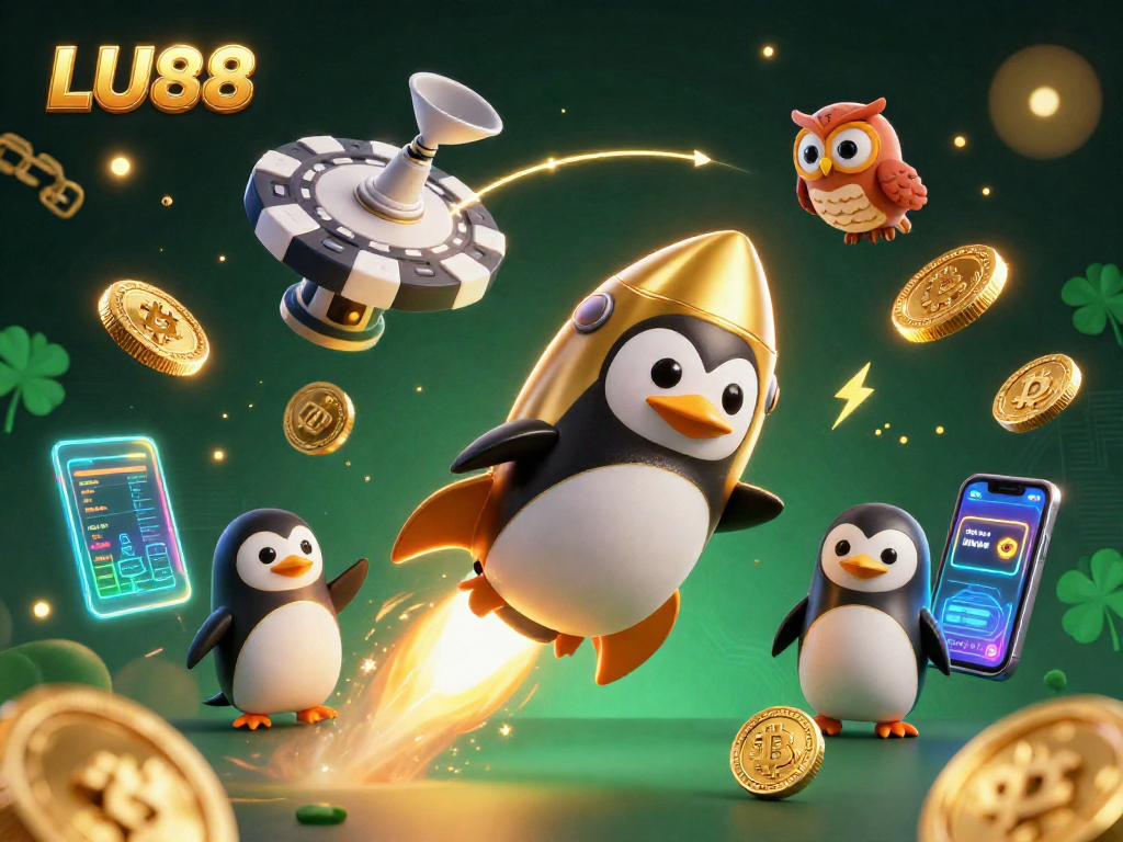 Experience thrilling gameplay with LU88's golden penguin racing to a casino station amidst dazzling cryptocurrency elements.