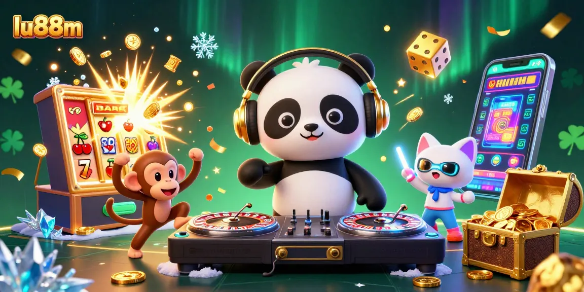 Spin and win with lu88m as DJ panda, dancing monkey, and rave kitten celebrate jackpots!
