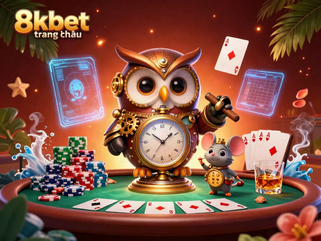 Engage with 8xbet trang chủ through a vibrant 3D casino scene featuring a whimsical owl and dynamic poker elements.
