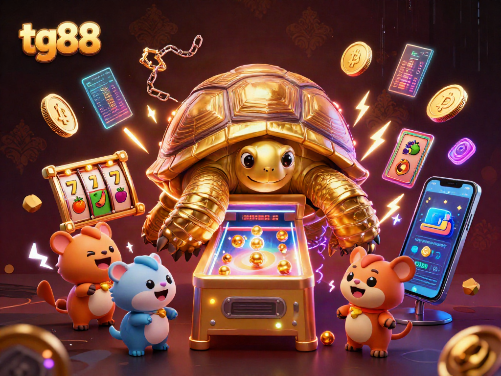 Spin for big wins with tg88 in this vibrant casino-themed digital illustration featuring a pinball tortoise.