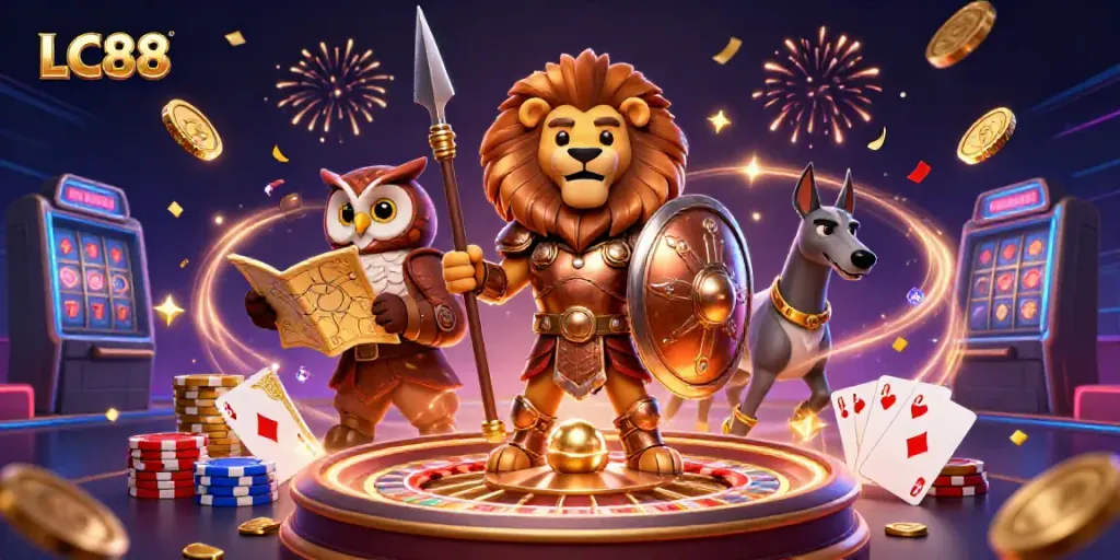 Engage with the dynamic LC88 casino experience through a vibrant 3D scene of a Spartan lion, owl strategist, and greyhound messenger.