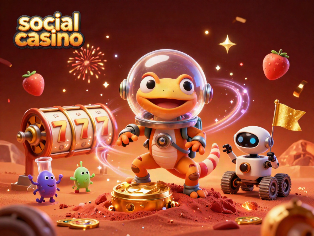 Engage in a thrilling social casino experience with a Martian gecko and robot amid vibrant gaming elements.