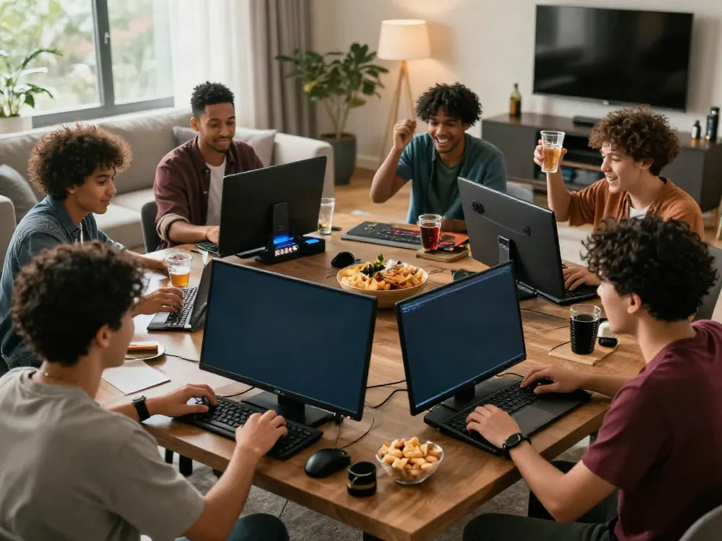 Exciting group of friends enjoying online gaming at nhà cái da88 in a stylish living room.
