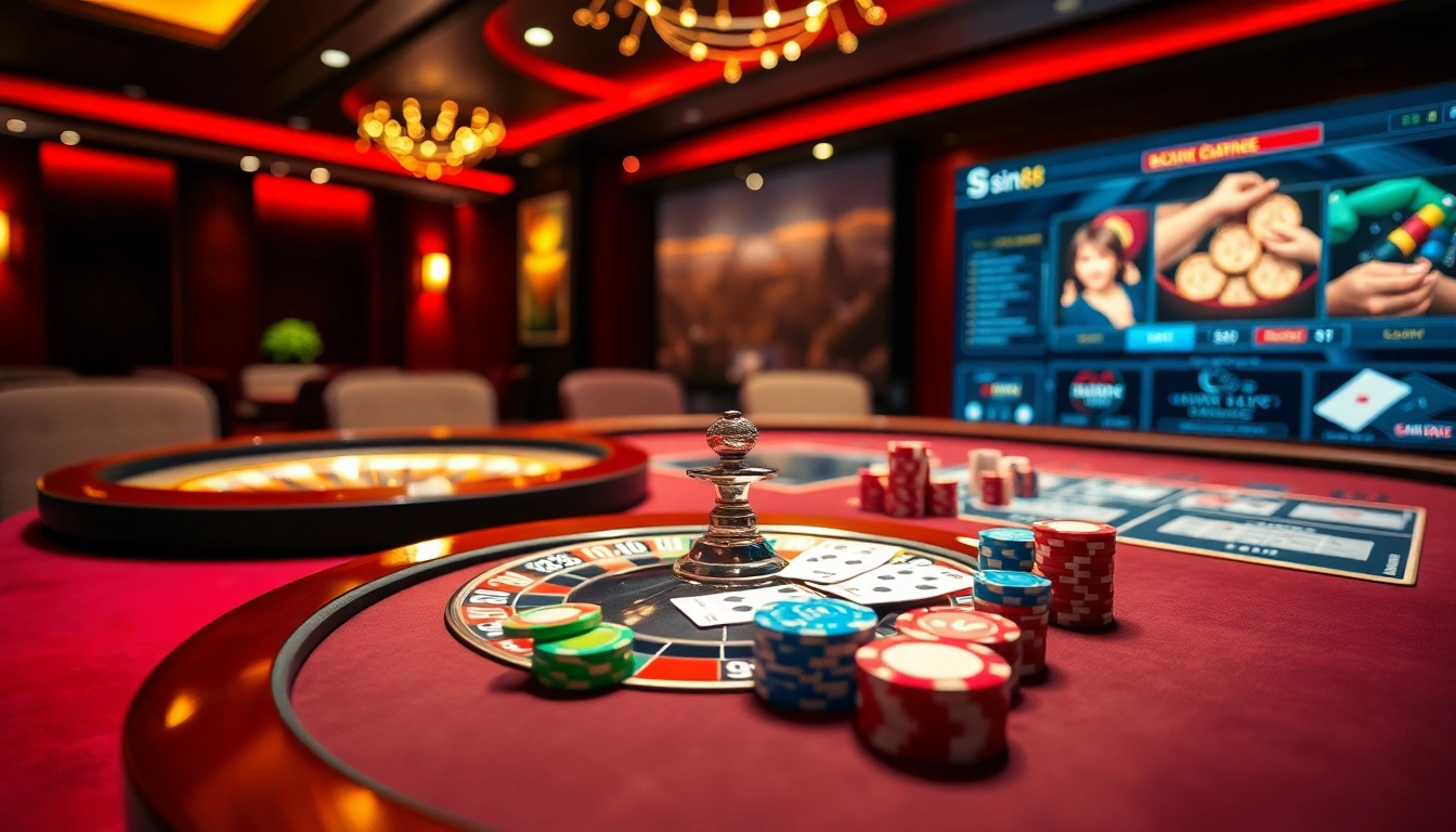 Experience the thrill of betting at sin88, featuring poker chips and a roulette wheel.