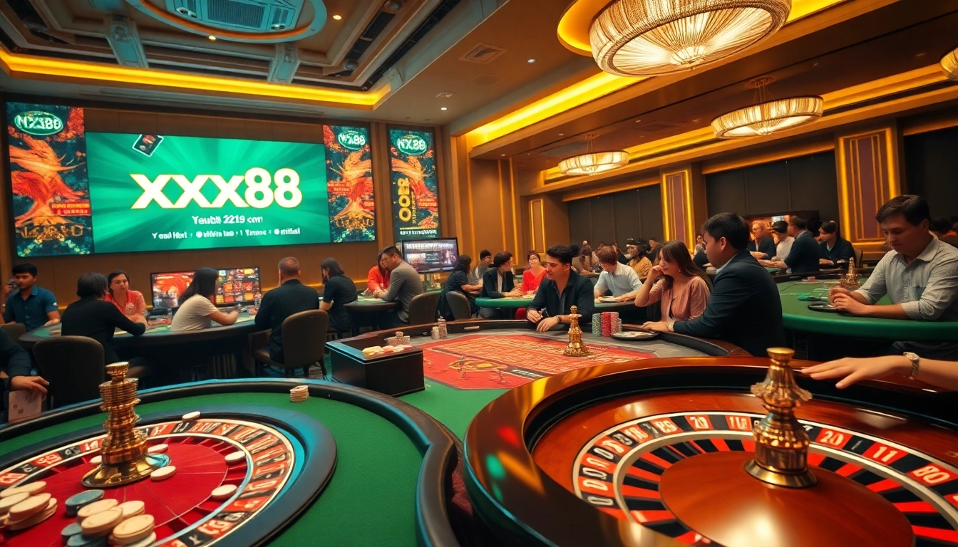 Exciting gambling action at nhà cái xx88 showcasing players at casino tables and vibrant promotions.