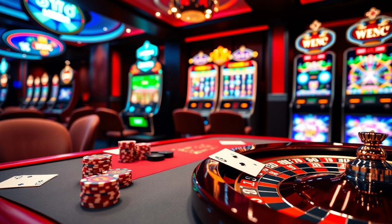 Experience the thrill of gambling at bem88.com with poker chips and roulette wheel in a luxurious casino.
