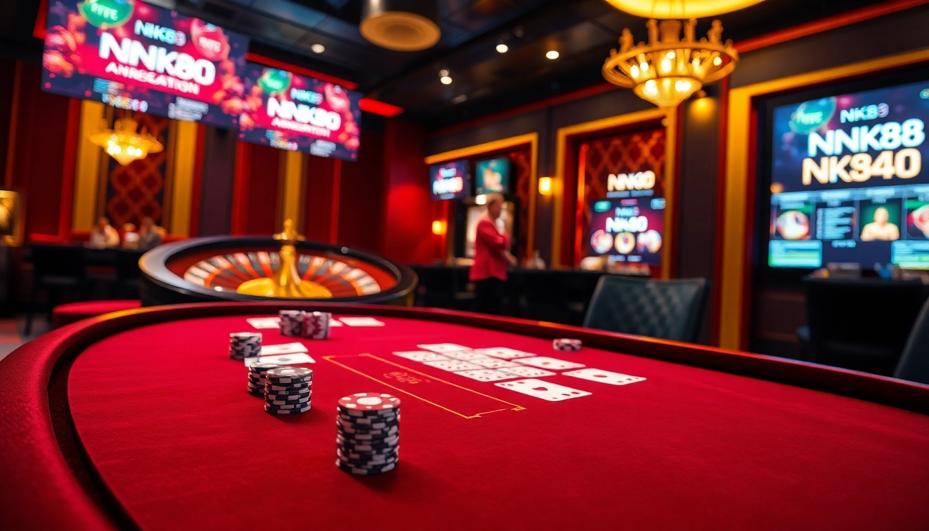 Engaging in a dynamic blackjack game at NK88 casino, showcasing vibrant poker chips and rich colors.
