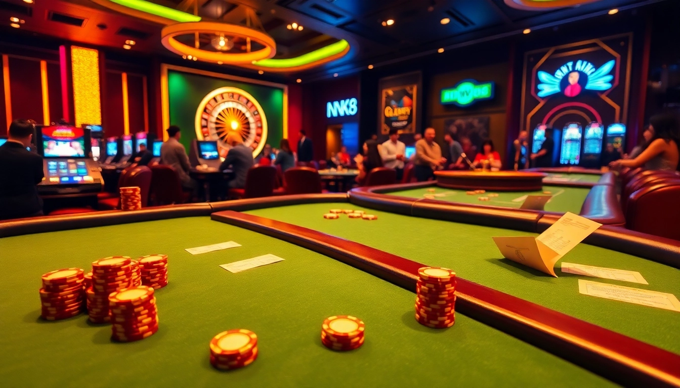 Experience thrilling gameplay at NK88's vibrant online casino with poker chips and roulette wheels.