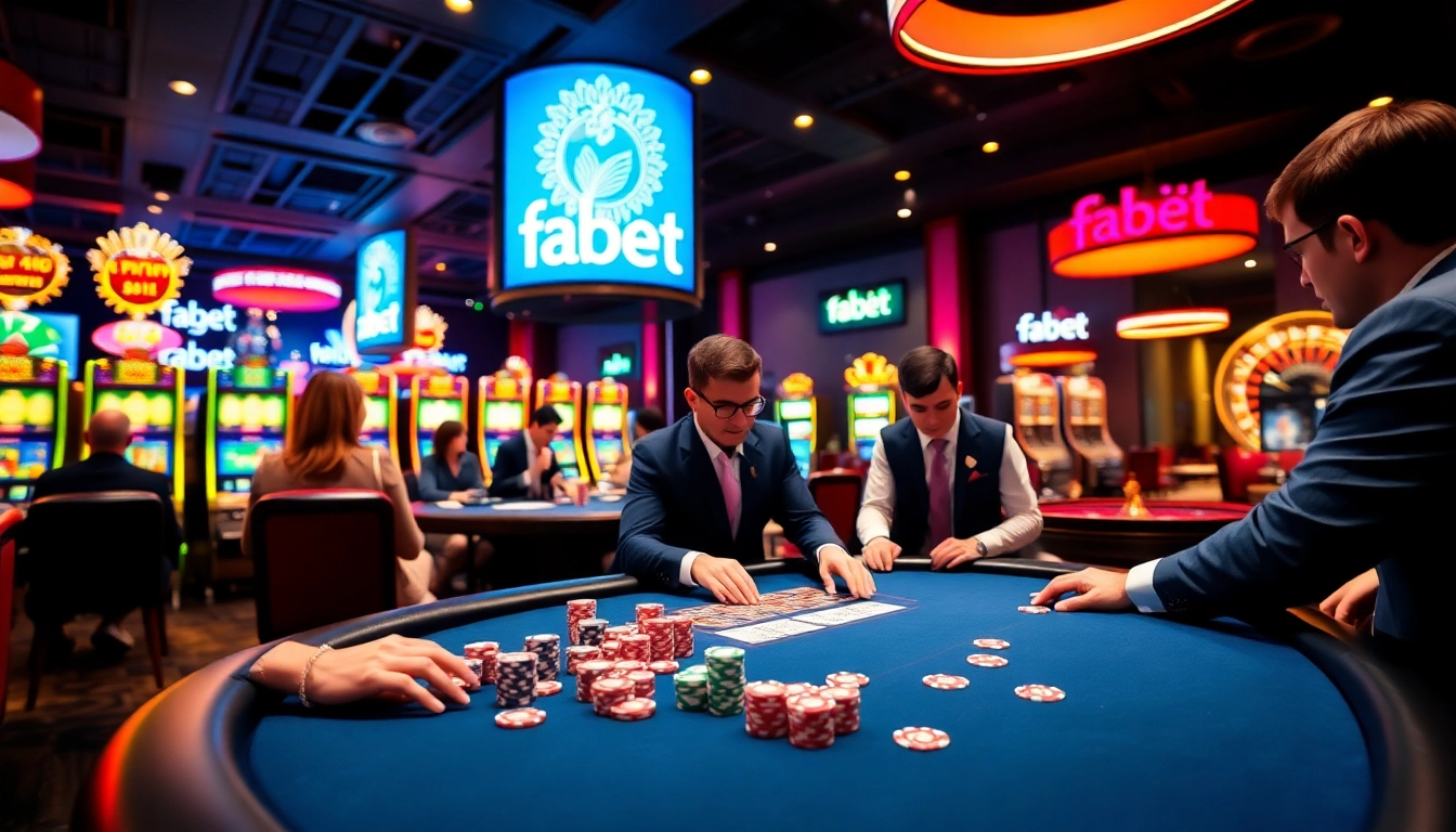 A bustling casino scene featuring players enjoying poker and slot machines at fabet, showcasing excitement and professionalism.