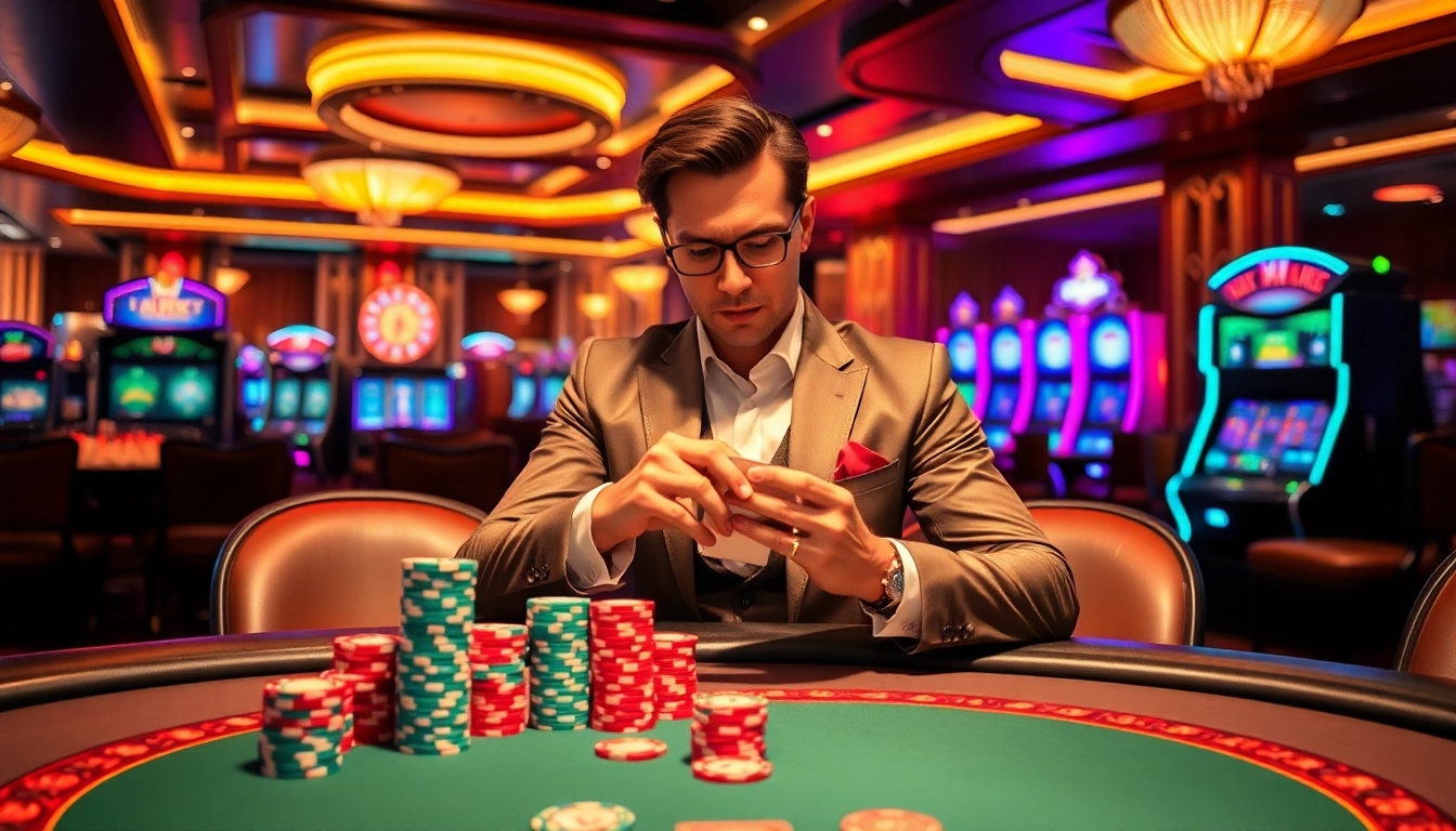 Experience the excitement of nohu-themed casino gaming with elegant cards and vibrant lighting.