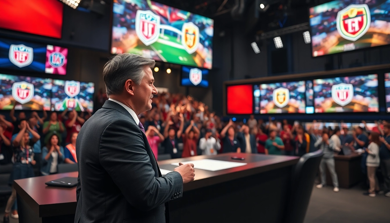 Host reporting live during engaging sports broadcasting session with dynamic visuals.