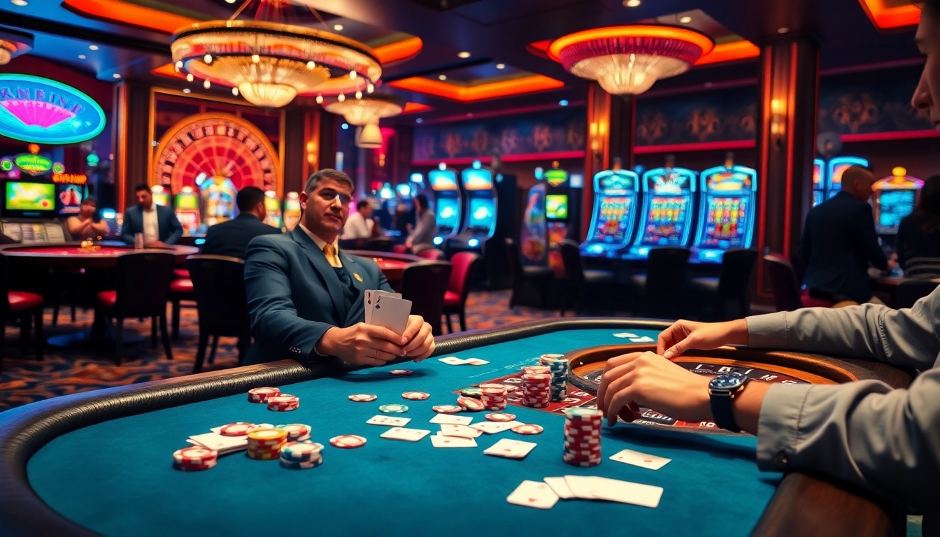 KJC casino scene featuring intense poker game, bright slot machines, and roulette wheel.