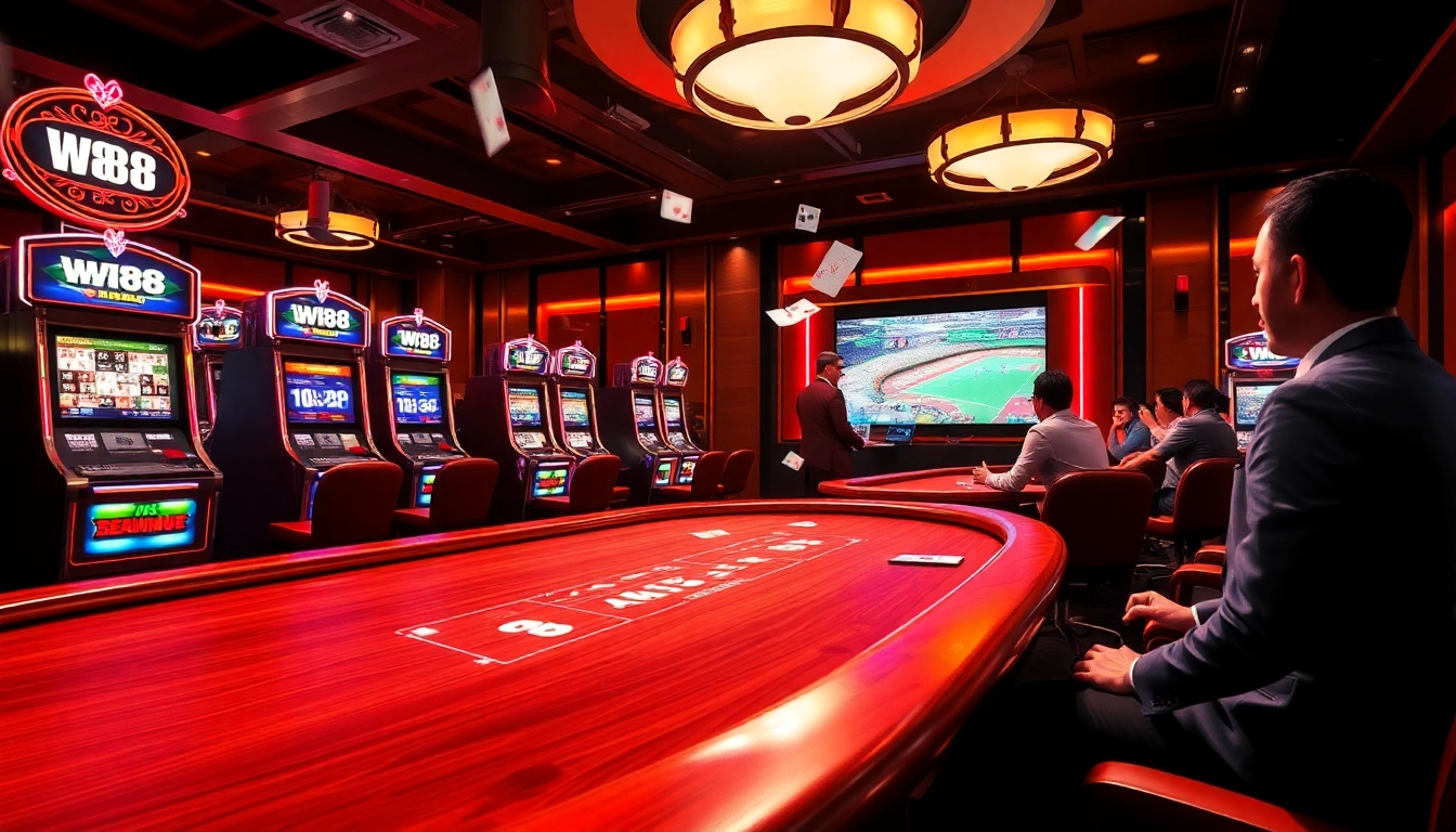 Exciting casino scene showcasing ww88 interactive gaming with vibrant slot machines and poker action.
