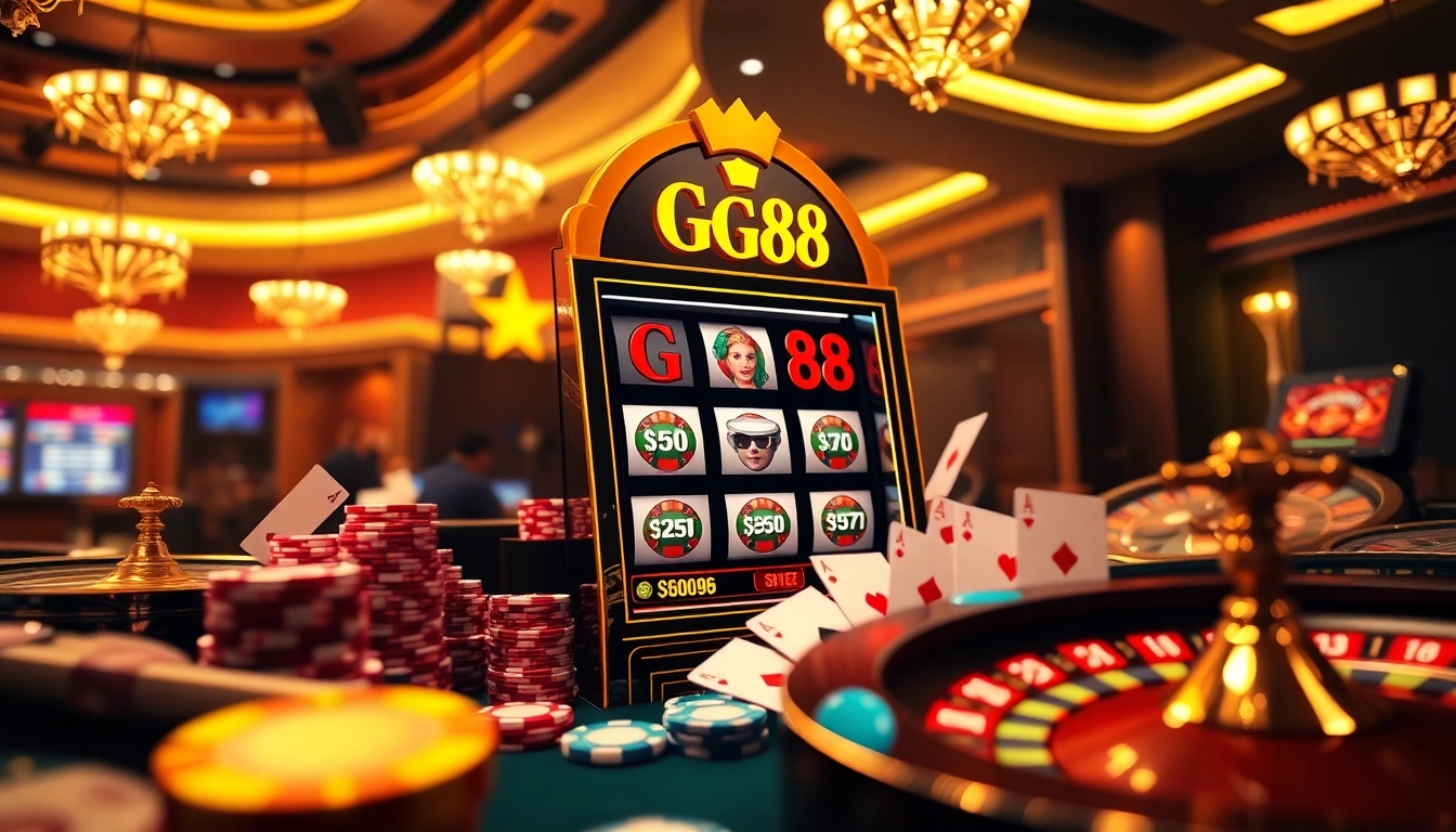 Players enjoying the GG88 themed slot machine with vibrant chips and cards in a luxurious casino.