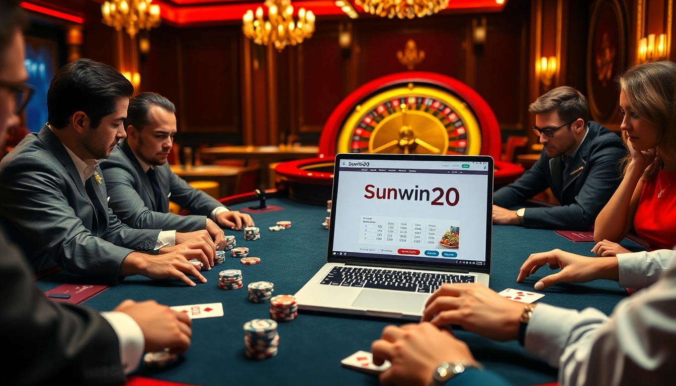 Engaged players at a luxurious poker table, featuring sunwin20 interface for online gaming excitement.