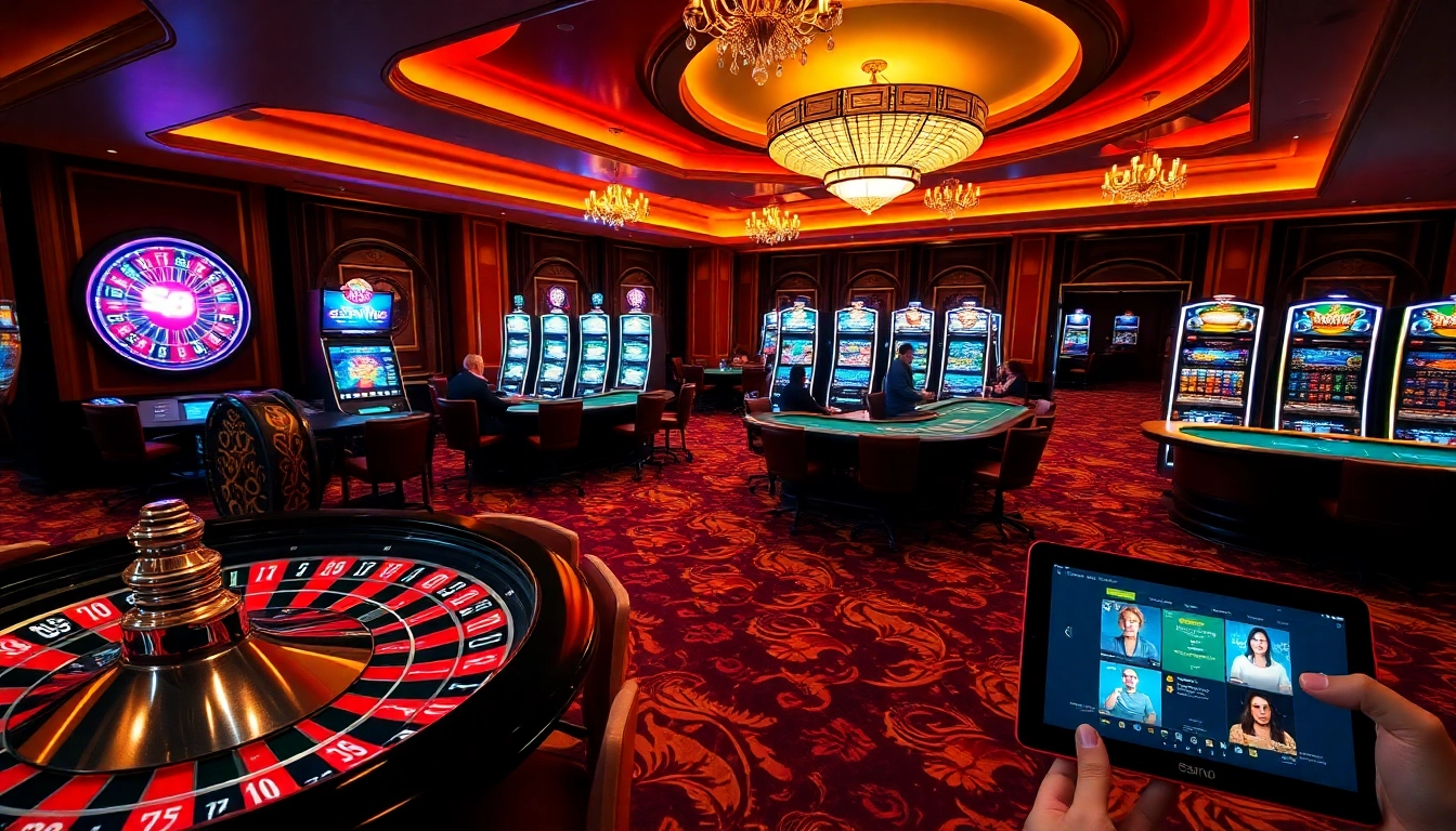 Exciting gaming at S8 Casino with roulette wheel and poker tables filled with players.