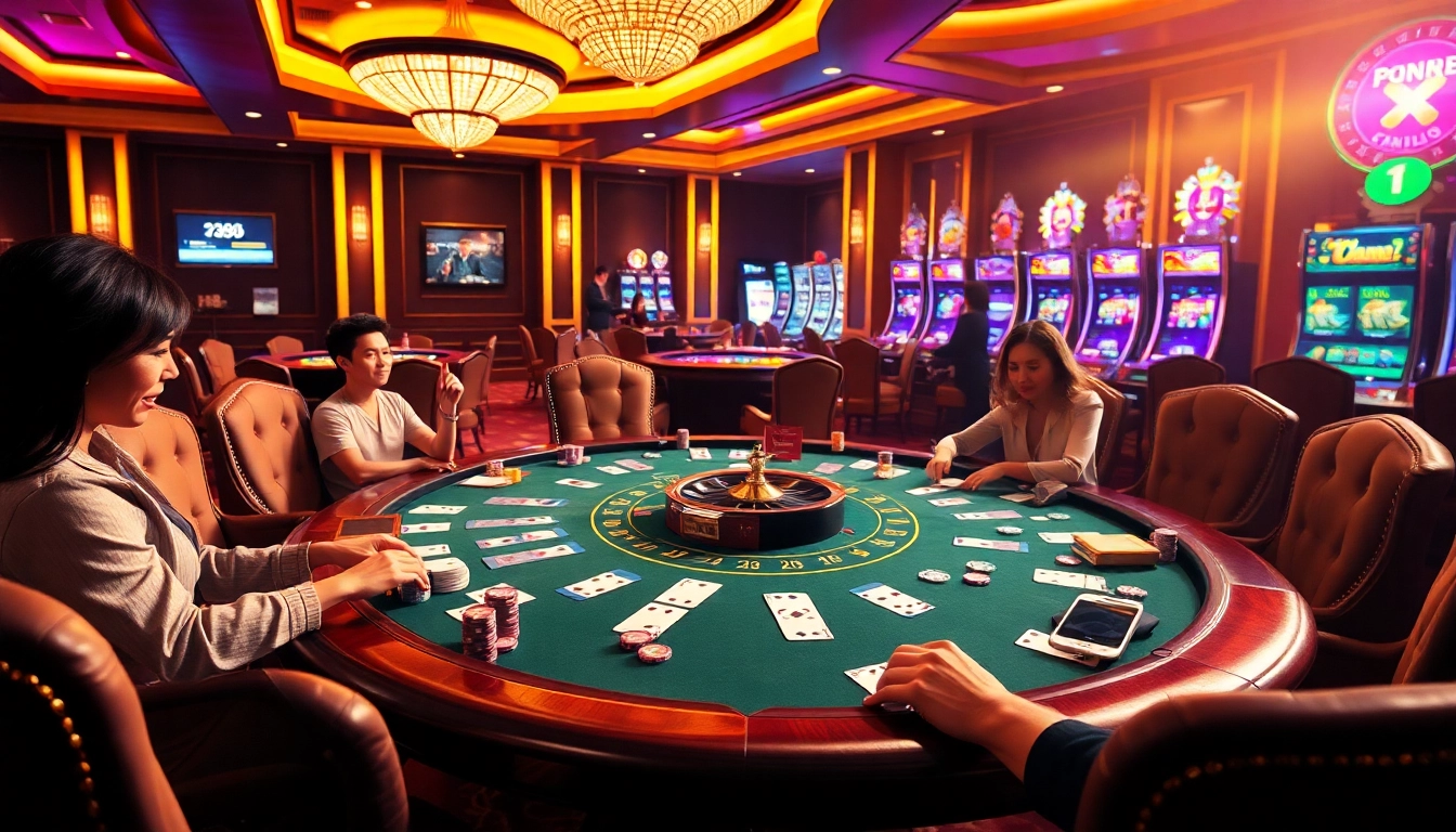 Players enjoying an exciting poker game at hb88.com, with colorful chips and cards in play.