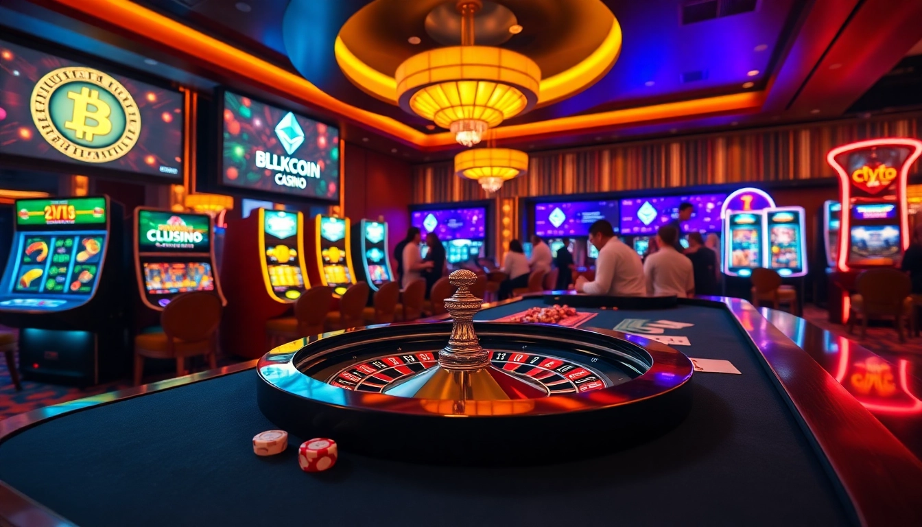 Exciting gameplay atmosphere at crypto online casinos with vibrant roulette and slot machines.