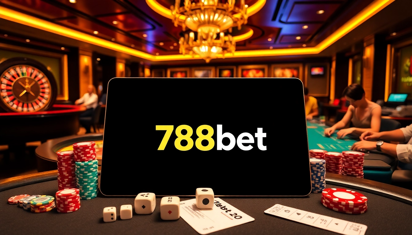 Experience high-stakes gaming at 788bet with vibrant poker chips and roulette wheels.