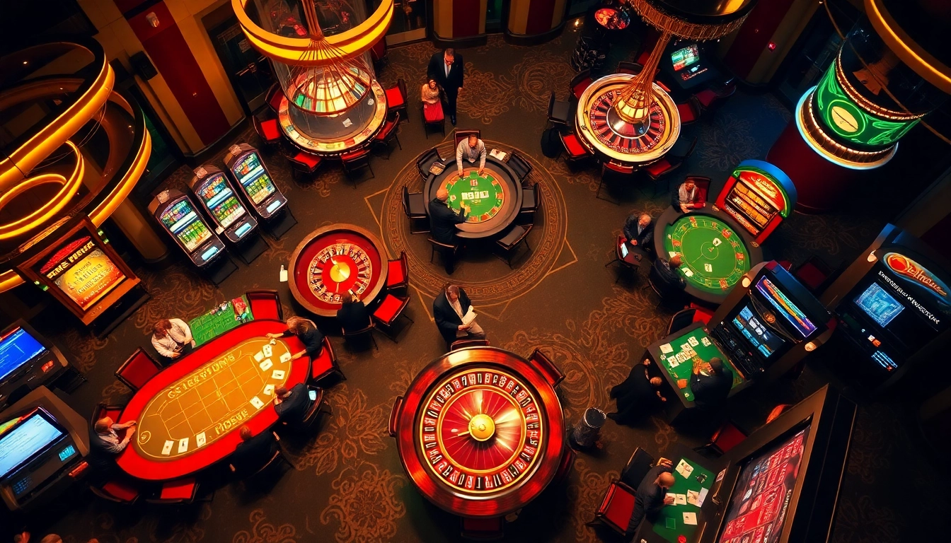 Exciting casino atmosphere featuring gameplay and betting at https://8xbetsports.com with poker tables and slot machines.