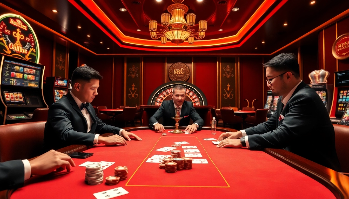 Experience the excitement of gaming at red88 with a luxurious casino scene featuring poker tables and roulette.