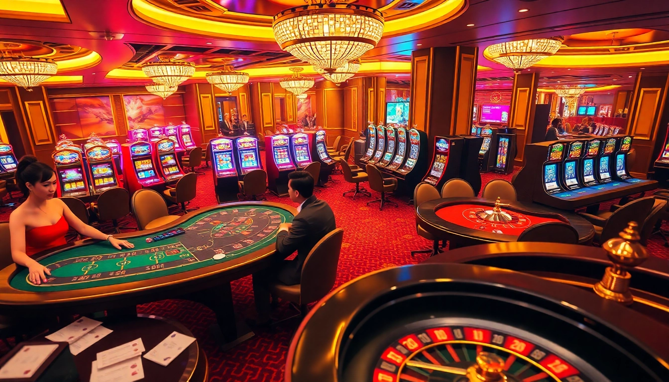Experience the thrill of Baccarat and Blackjack at red88.hot, with vibrant casino tables and colorful slot machines.