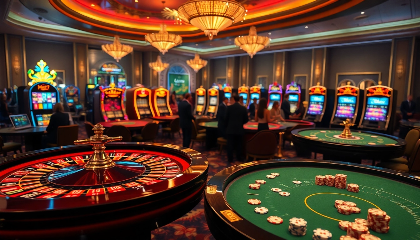 Experience the thrilling atmosphere of Luck8 with players at roulette and vibrant slot machines.