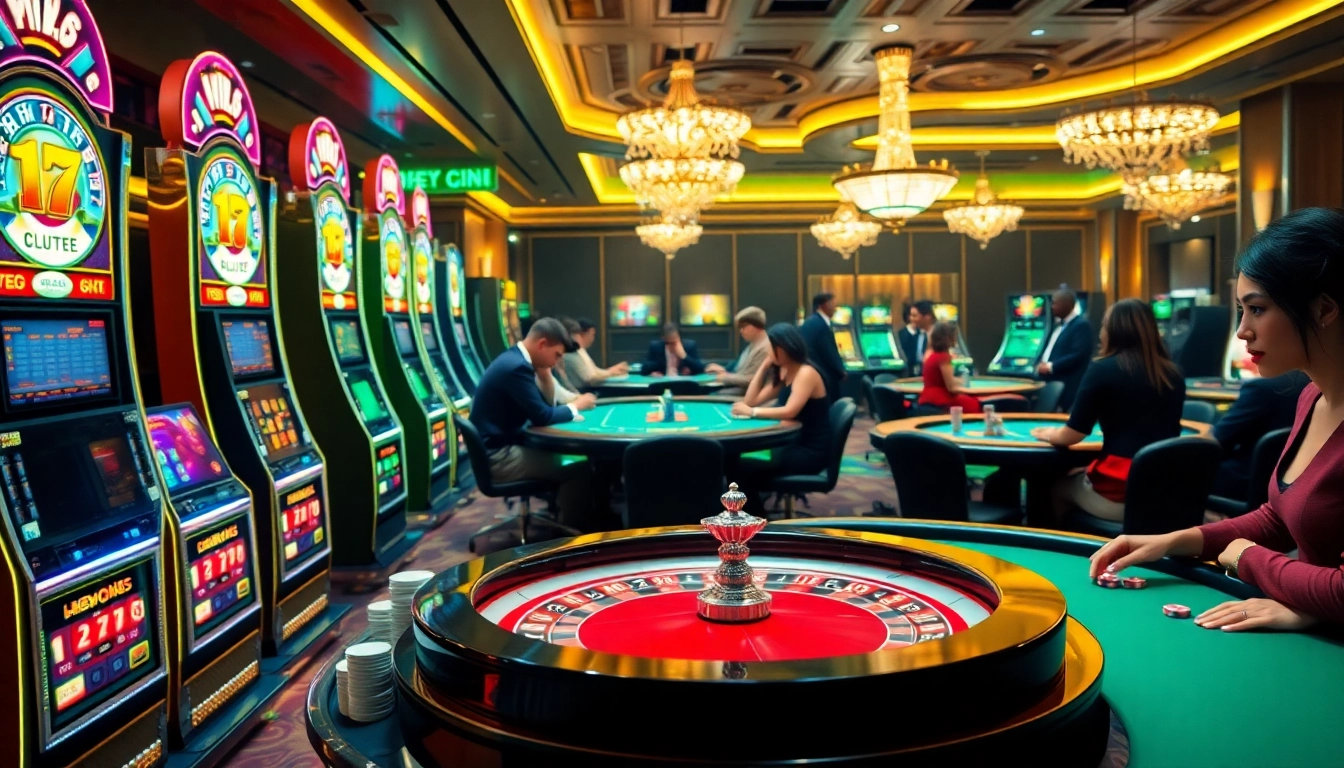 Experience the thrilling atmosphere at RR88 Casino with vibrant slot machines and elegant tables.
