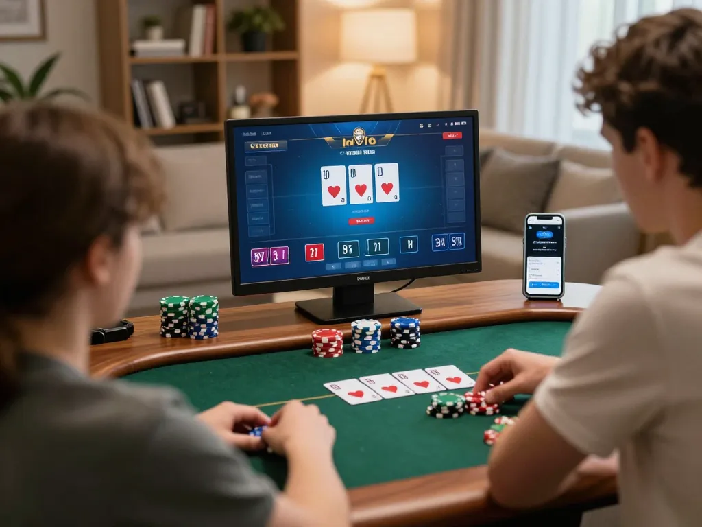 Players enjoying an exciting poker game with au88 interface on screens, capturing dynamic gameplay atmosphere