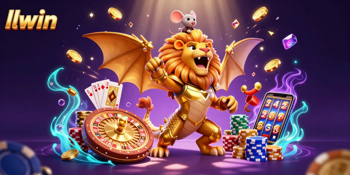 llwin showcases an exciting 3D casino scene with a roaring chimera, vibrant chips, and dynamic gameplay elements.