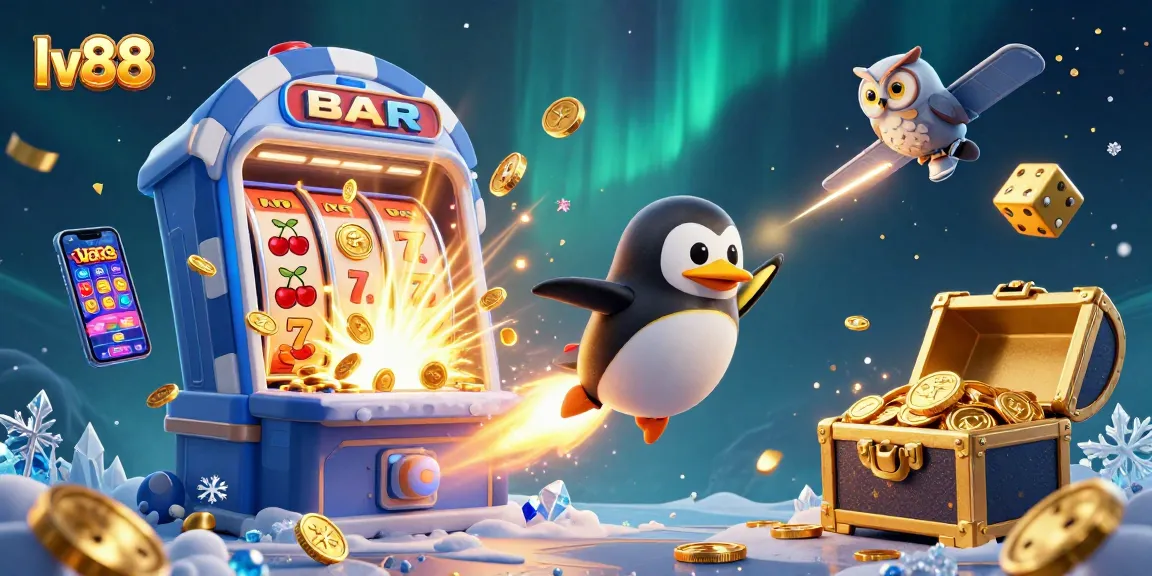 Experience exciting gameplay at lv88 with a penguin, coins, and a vibrant casino backdrop.
