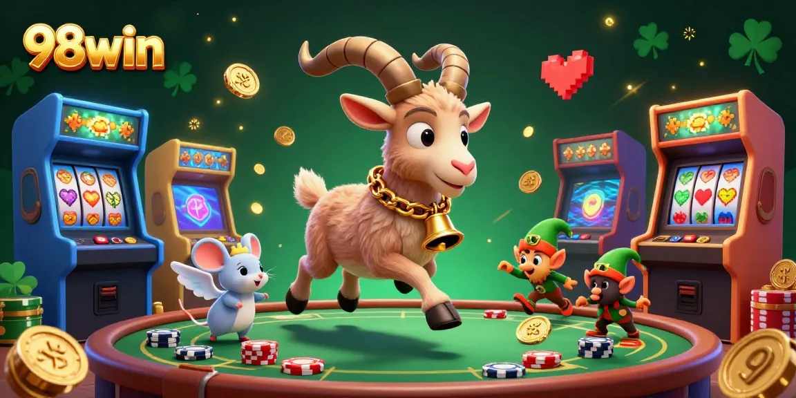 Engage with the vibrant 98win holiday-themed casino illustration featuring a rebellious Krampus goat, angel mouse, and playful elf gremlins.