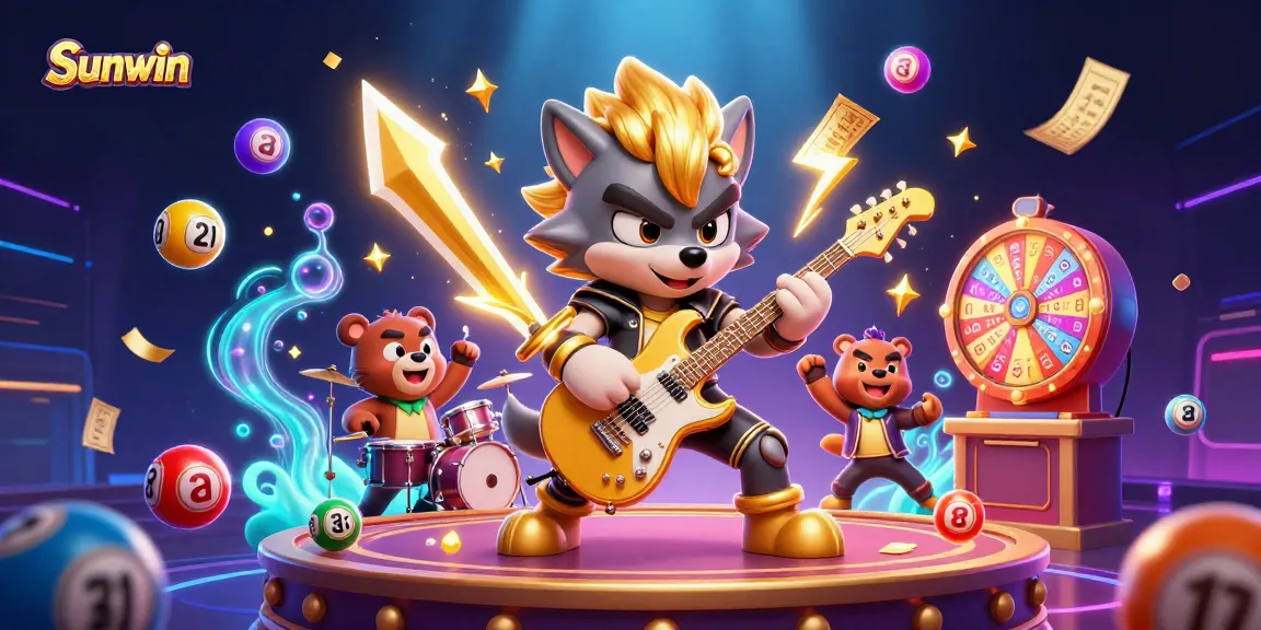 Sunwin offers dynamic gameplay while a rock star wolf performs on stage amidst lottery excitement.