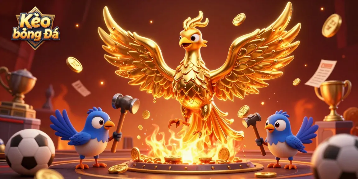 Kèo Bóng Đá scene depicts a golden phoenix soaring above sports betting elements, showcasing thrilling action.