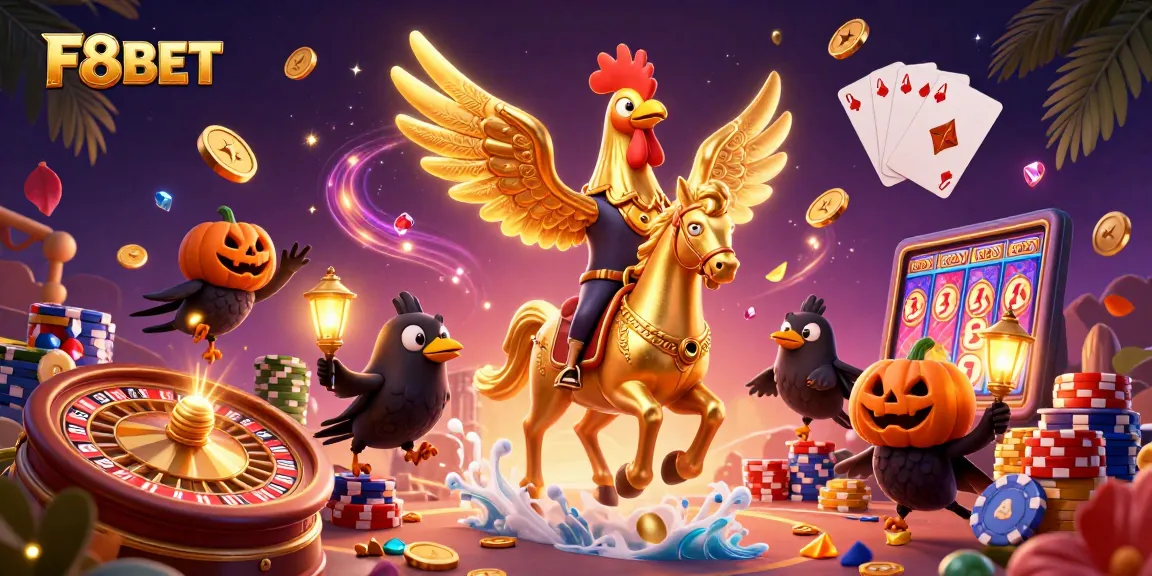 Catch the thrills of F8BET with vibrant casino elements and magical creatures in this stunning 3D illustration.