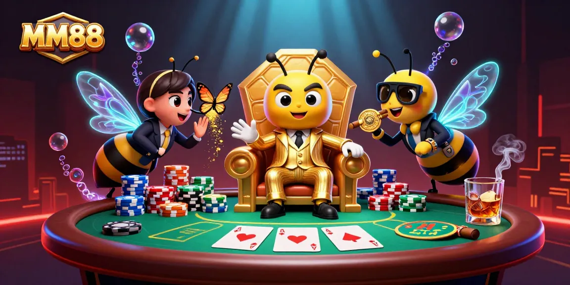 Play poker with MM88's bumblebee mob boss and lavish casino elements in this vibrant 3D scene.