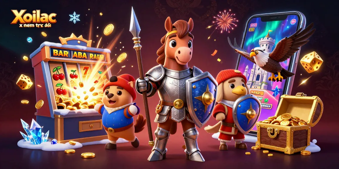 Xoilac xem trực tiếp reveals 3D medieval knight and puppy amidst slot machines and treasures in vibrant scene.