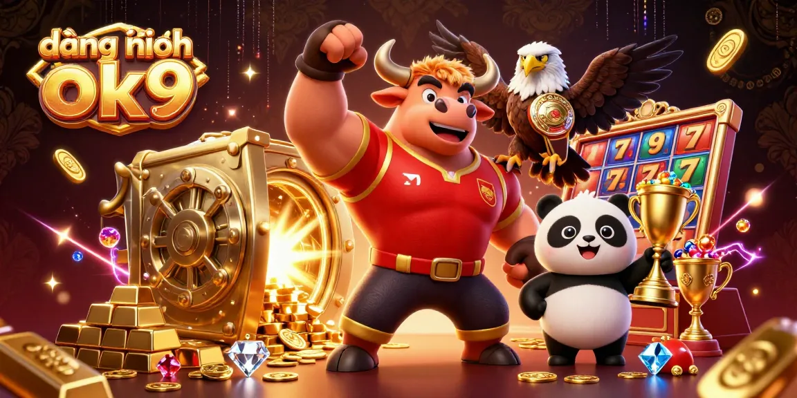 Engage in thrilling action with đăng nhập ok9 amidst a vibrant 3D casino illustration of characters celebrating a jackpot.