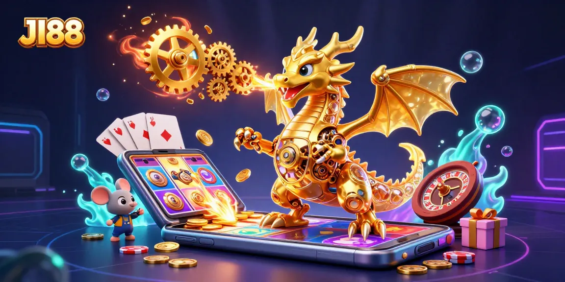 J188 offers immersive gameplay with a dynamic 3D illustration of a dragon and vibrant casino elements.