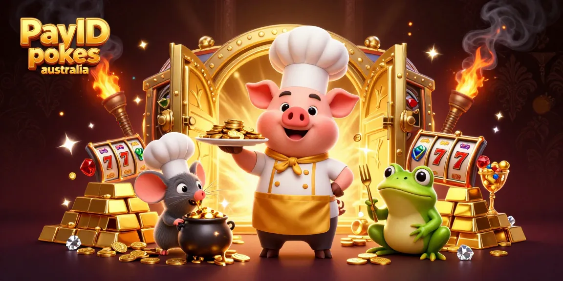 Engage with PayID pokies australia through a vibrant 3D scene showcasing a chef pig, mouse, and frog among glimmering gold.