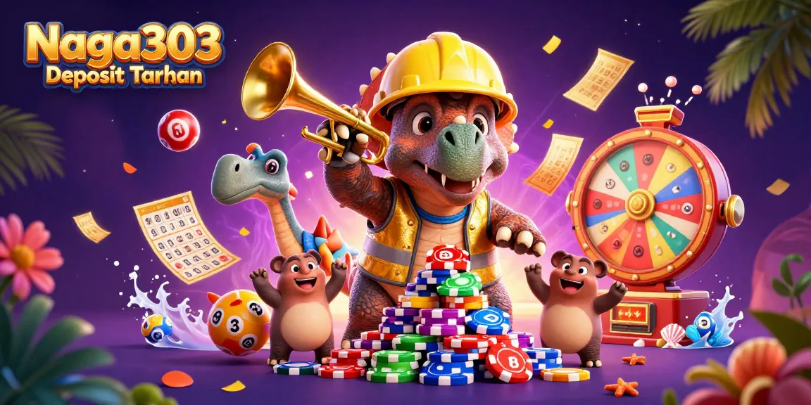 Naga303 Deposit Taruhan celebration scene with cartoon dinosaurs, vibrant lottery elements and casino excitement