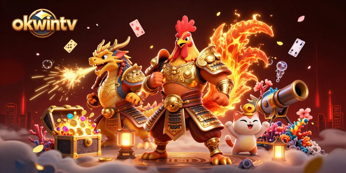 Engage in exhilarating gameplay at okwintv with a dynamic scene showcasing a golden rooster warrior and dragon hatchling.