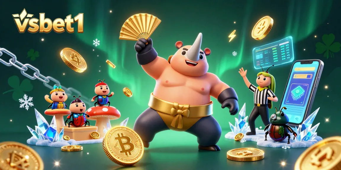 vsbet1 casino champions stomp golden coins in dynamic 3D illustration filled with crypto elements